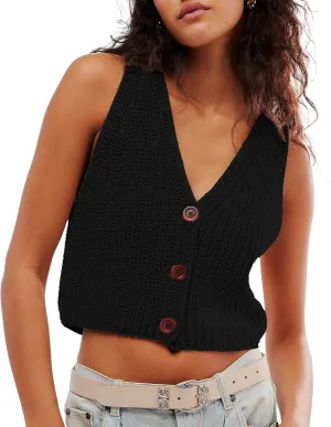 Locachy Women's Casual V Neck Knit Sweater Vest Soft Sleeveless Cropped Button Down Cardigan Tank Tops