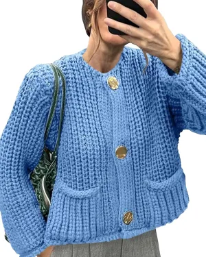 Locachy Women's Crochet Chunky Knit Sweater Cardigan Trendy Crewneck Gold Button Down Sweater