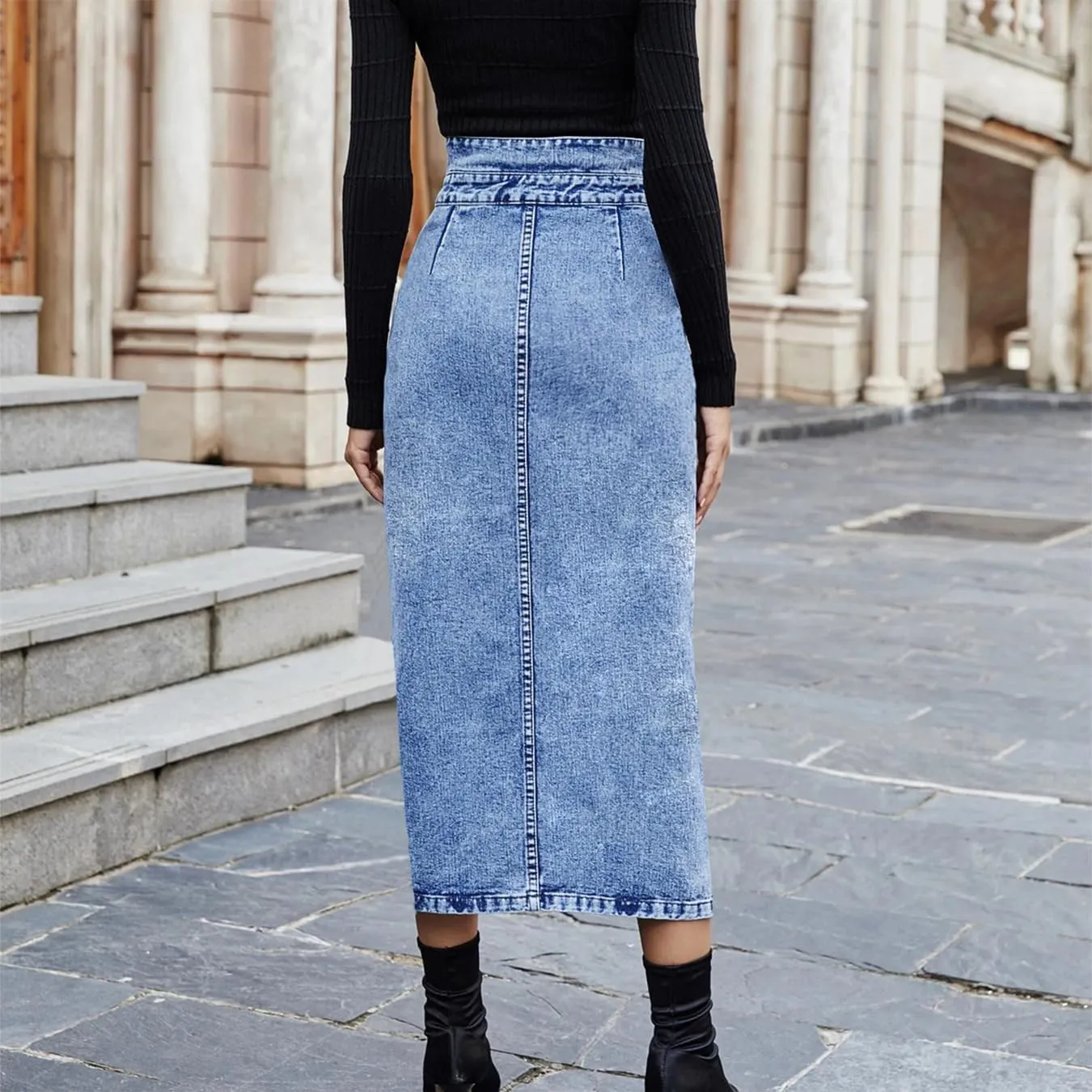 Long Denim Skirts for Women Button-Fly Split Front High Waist Slim Fit Midi Jean Skirts