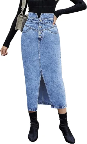 Long Denim Skirts for Women Button-Fly Split Front High Waist Slim Fit Midi Jean Skirts