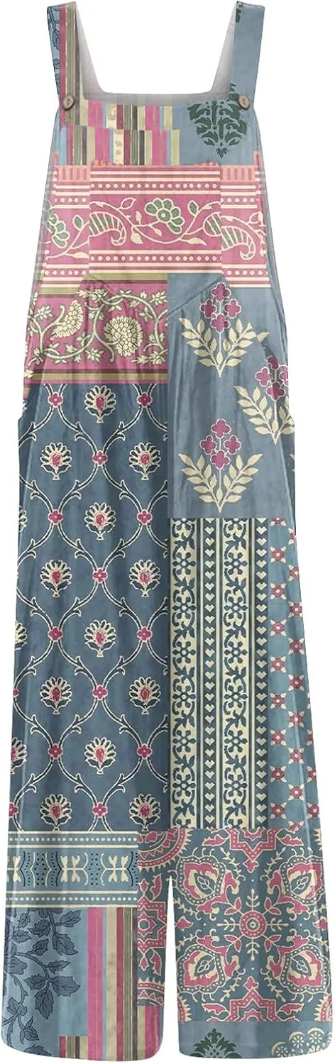 Long Rompers for Women Summer Casual Sleeveless Jumpsuits Floral Print Linen Overalls Wide Leg Pant with Pockets