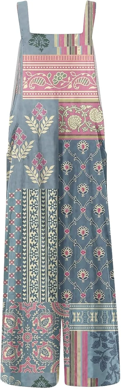 Long Rompers for Women Summer Casual Sleeveless Jumpsuits Floral Print Linen Overalls Wide Leg Pant with Pockets