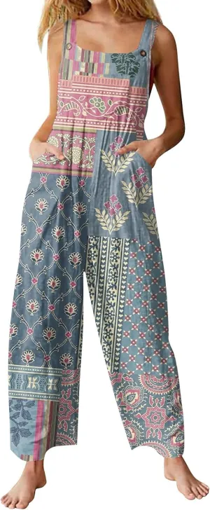 Long Rompers for Women Summer Casual Sleeveless Jumpsuits Floral Print Linen Overalls Wide Leg Pant with Pockets