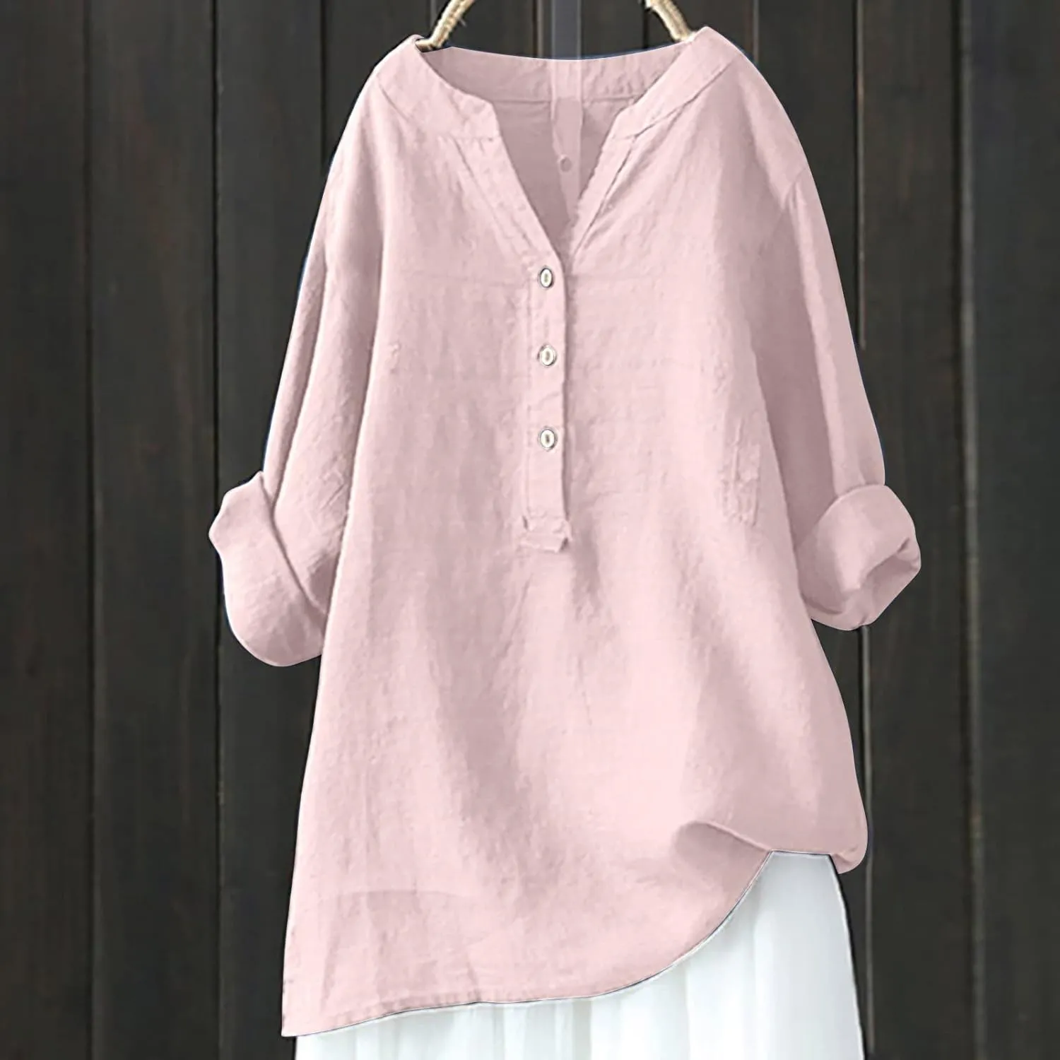 Long Sleeve Shirts for Women Cotton Linen Plus Size Sexy Fashion V-Neck Button Blouse Stylish Loose Tops Summer Solid