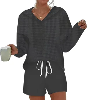 LOZ Women's Two Piece Lounge Sets Casual Long Sleeve Pullover Hoodies Matching Shorts Loungewear Blue Striped Sweatsuits