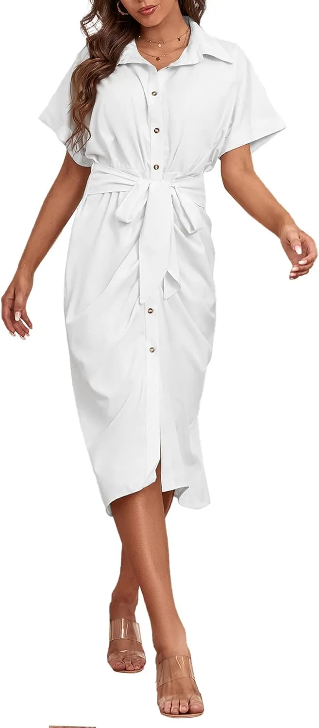 LYANER Women's Collar Button Down Ruched Self Tie Short Sleeve Midi Dress