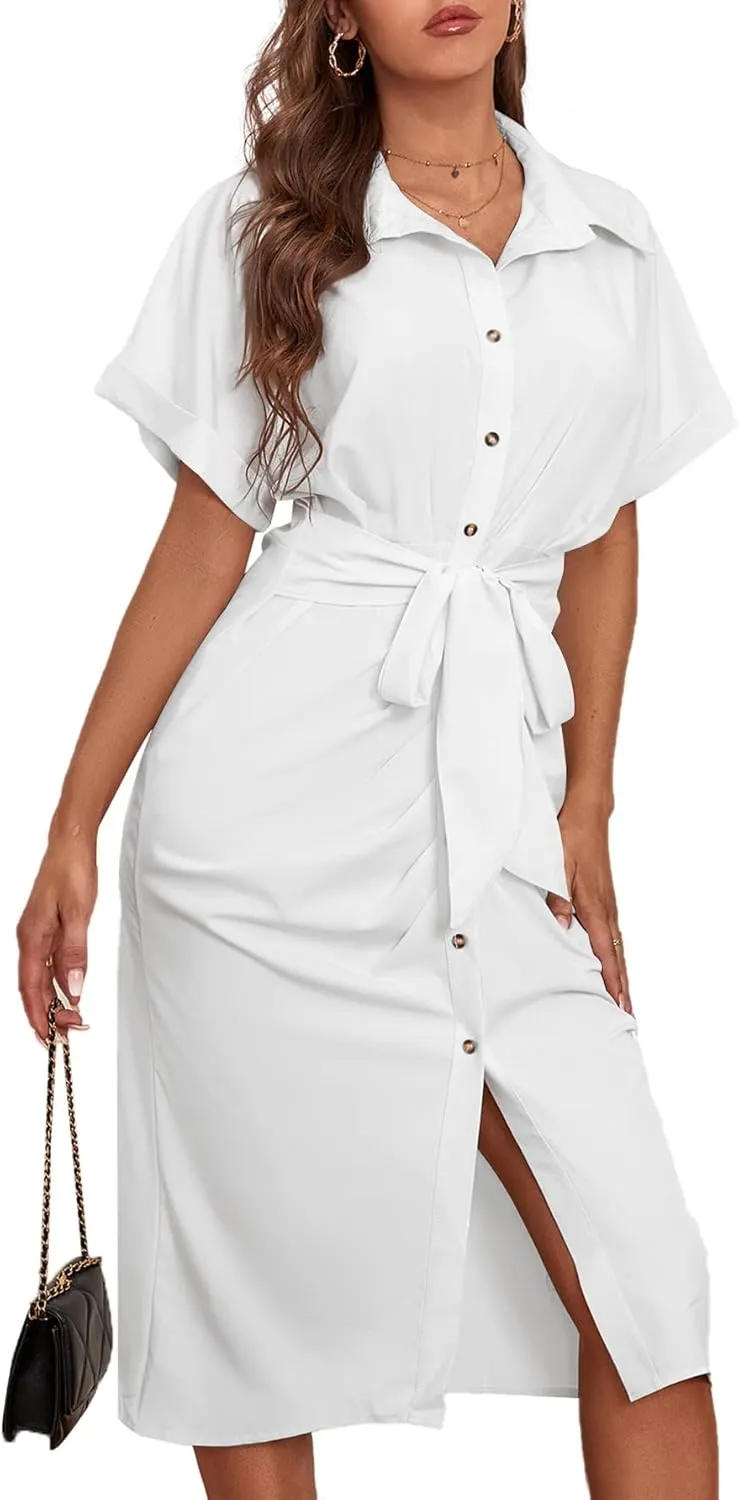 LYANER Women's Collar Button Down Ruched Self Tie Short Sleeve Midi Dress