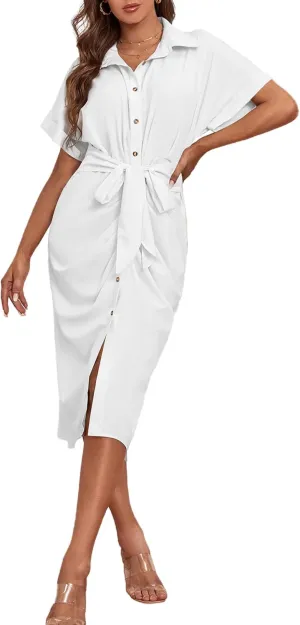 LYANER Women's Collar Button Down Ruched Self Tie Short Sleeve Midi Dress