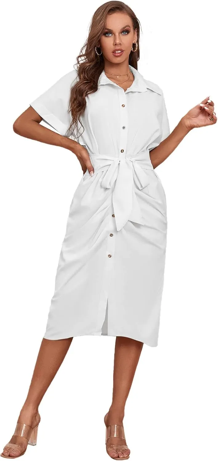 LYANER Women's Collar Button Down Ruched Self Tie Short Sleeve Midi Dress