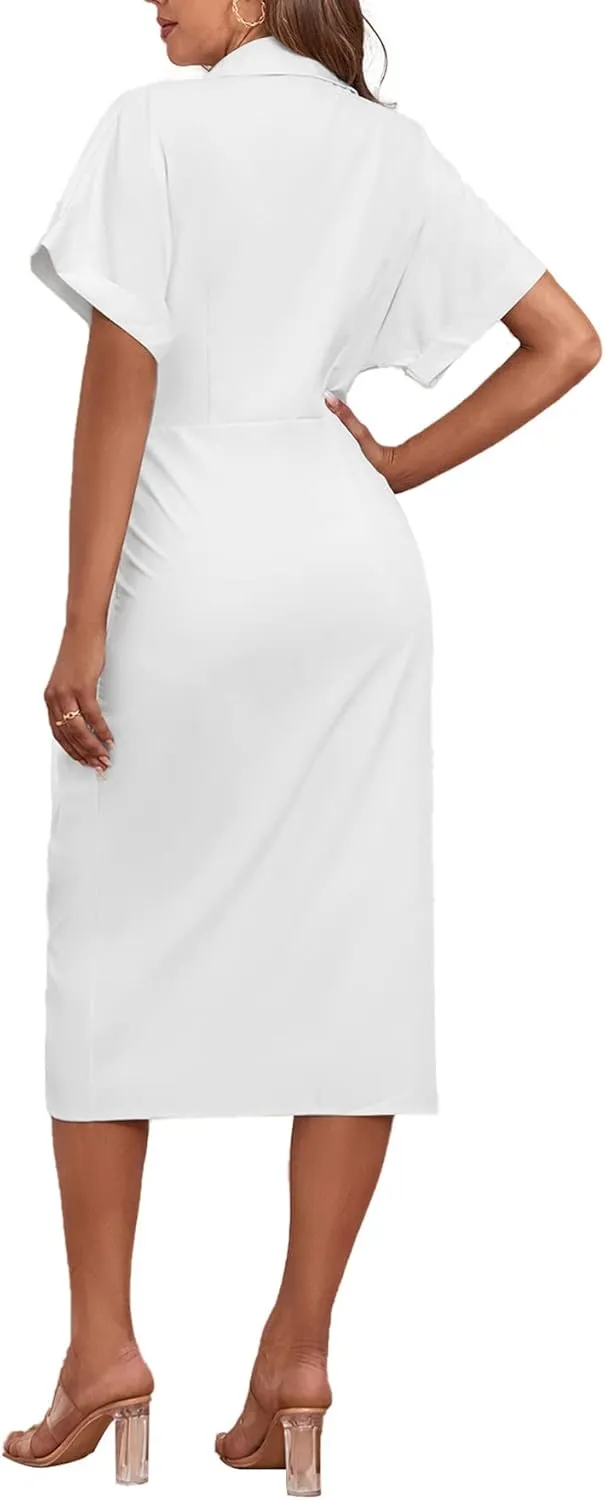 LYANER Women's Collar Button Down Ruched Self Tie Short Sleeve Midi Dress