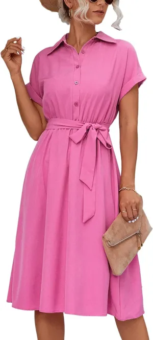 LYANER Women's Collar V Neck Button Front Tie Waist Short Sleeve Ruffle Hem Midi Dress