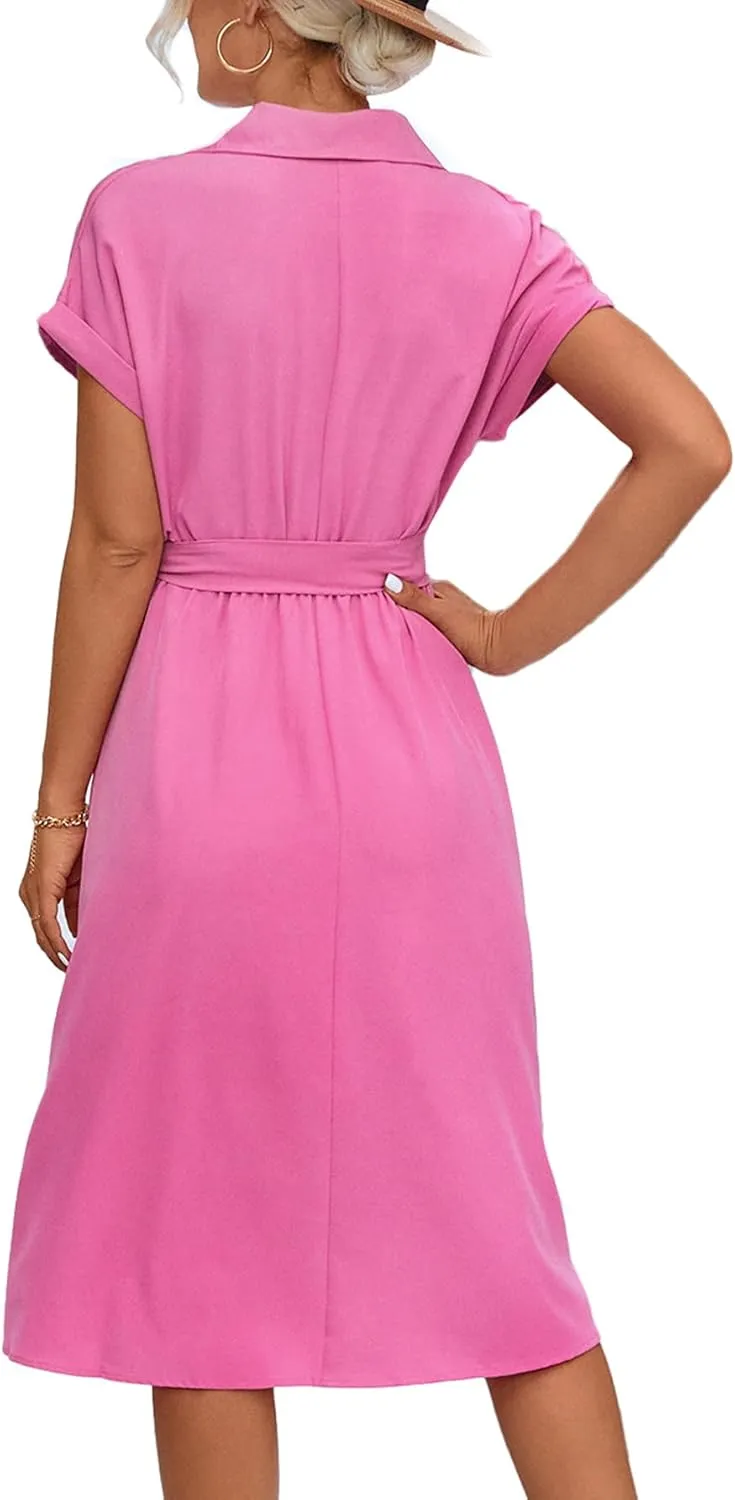 LYANER Women's Collar V Neck Button Front Tie Waist Short Sleeve Ruffle Hem Midi Dress