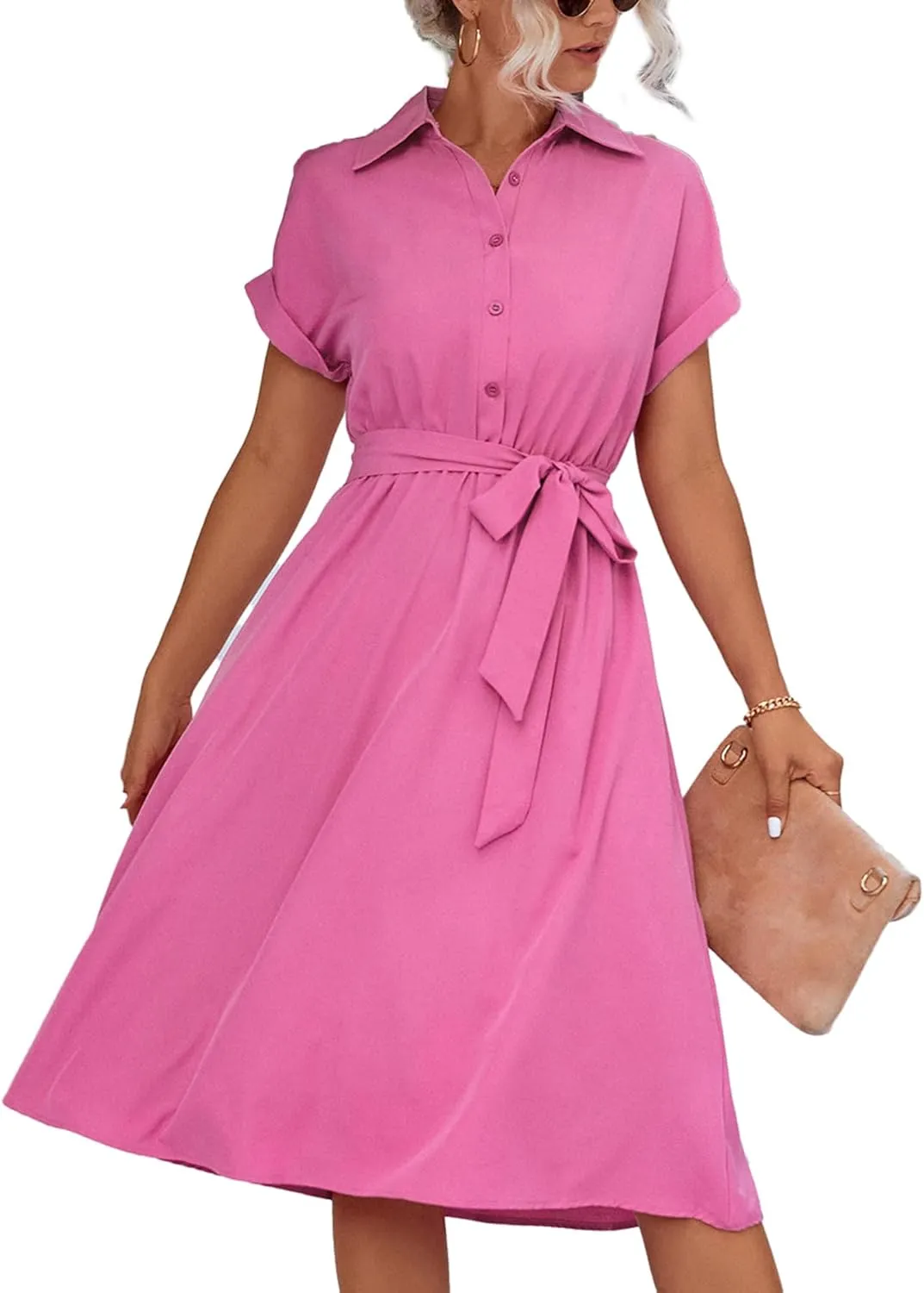 LYANER Women's Collar V Neck Button Front Tie Waist Short Sleeve Ruffle Hem Midi Dress