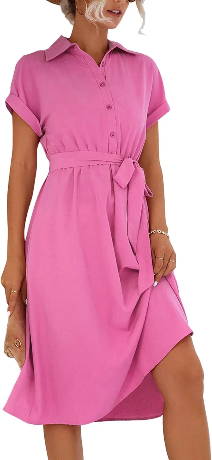 LYANER Women's Collar V Neck Button Front Tie Waist Short Sleeve Ruffle Hem Midi Dress