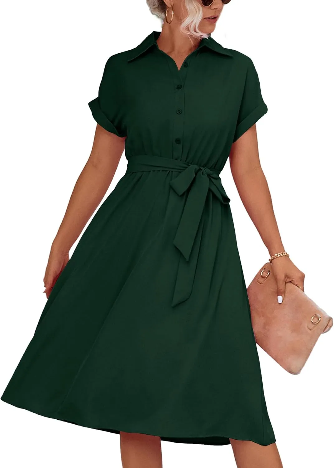 LYANER Women's Collar V Neck Button Front Tie Waist Short Sleeve Ruffle Hem Midi Dress
