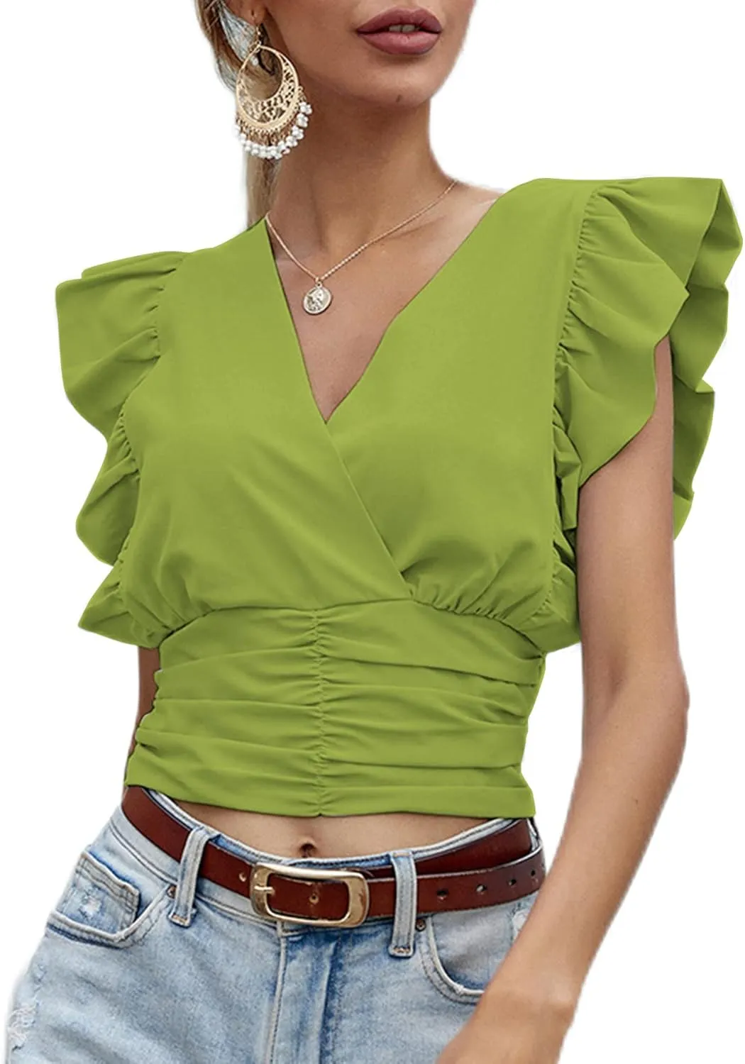 LYANER Womens Wrap V Neck Ruffle Cap Sleeve Crop Top Shirred Hem Sleeveless Blouse Tank Top