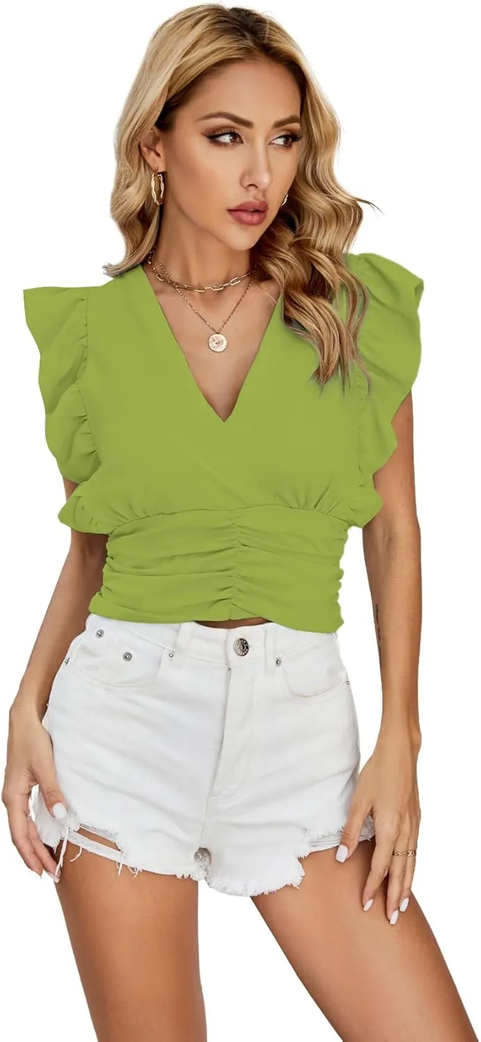 LYANER Womens Wrap V Neck Ruffle Cap Sleeve Crop Top Shirred Hem Sleeveless Blouse Tank Top