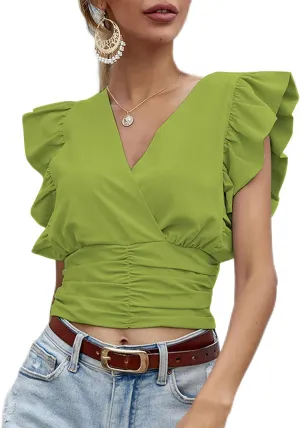 LYANER Womens Wrap V Neck Ruffle Cap Sleeve Crop Top Shirred Hem Sleeveless Blouse Tank Top