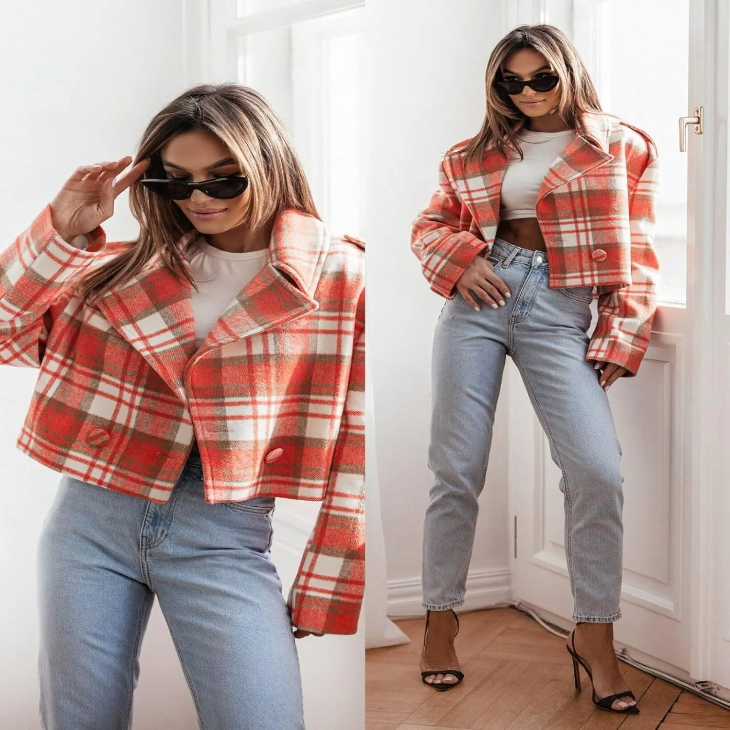 Mandonce Women's Classic Notched Collar Wool Blend Long Trench Coat Women's Fashion Cropped Flannel