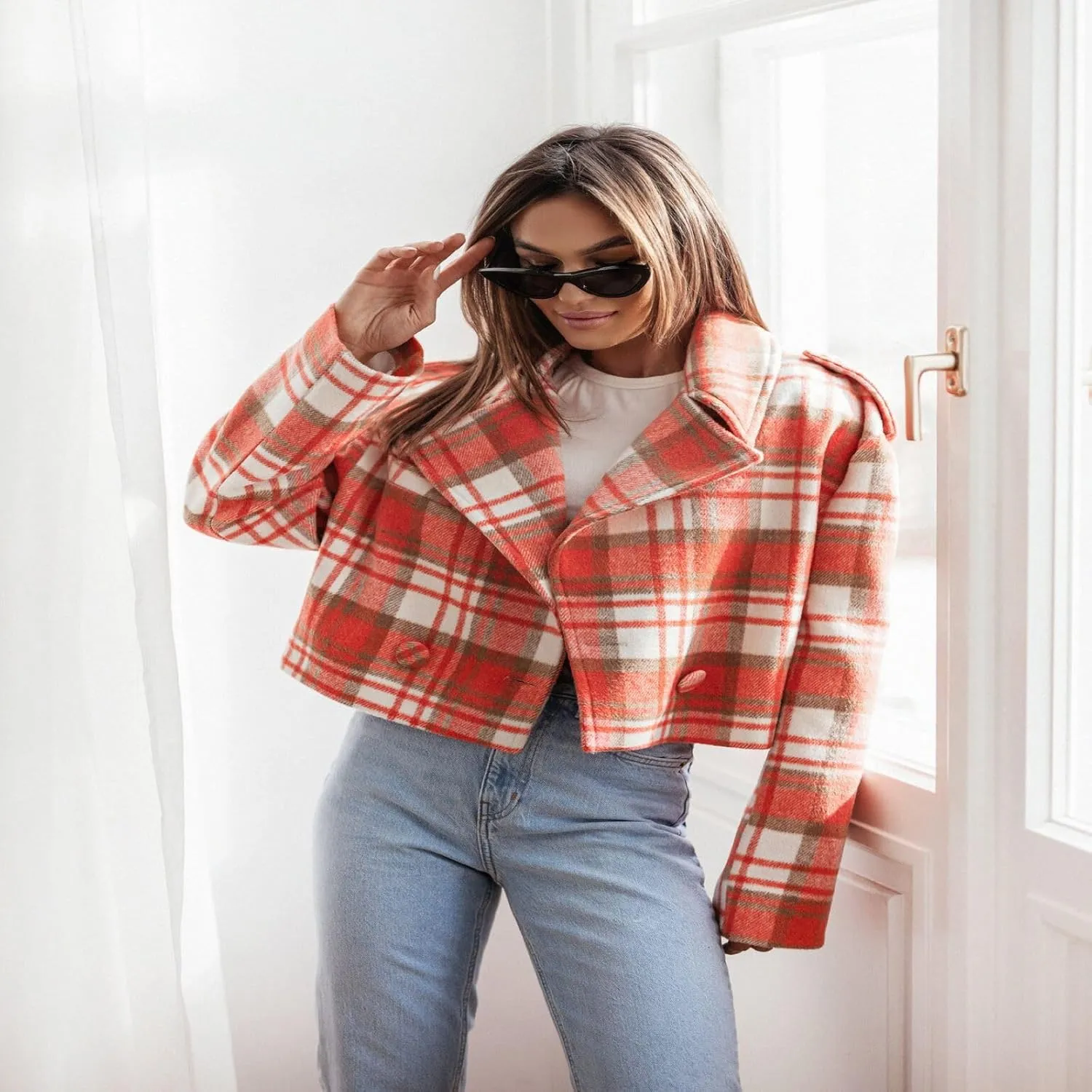 Mandonce Women's Classic Notched Collar Wool Blend Long Trench Coat Women's Fashion Cropped Flannel