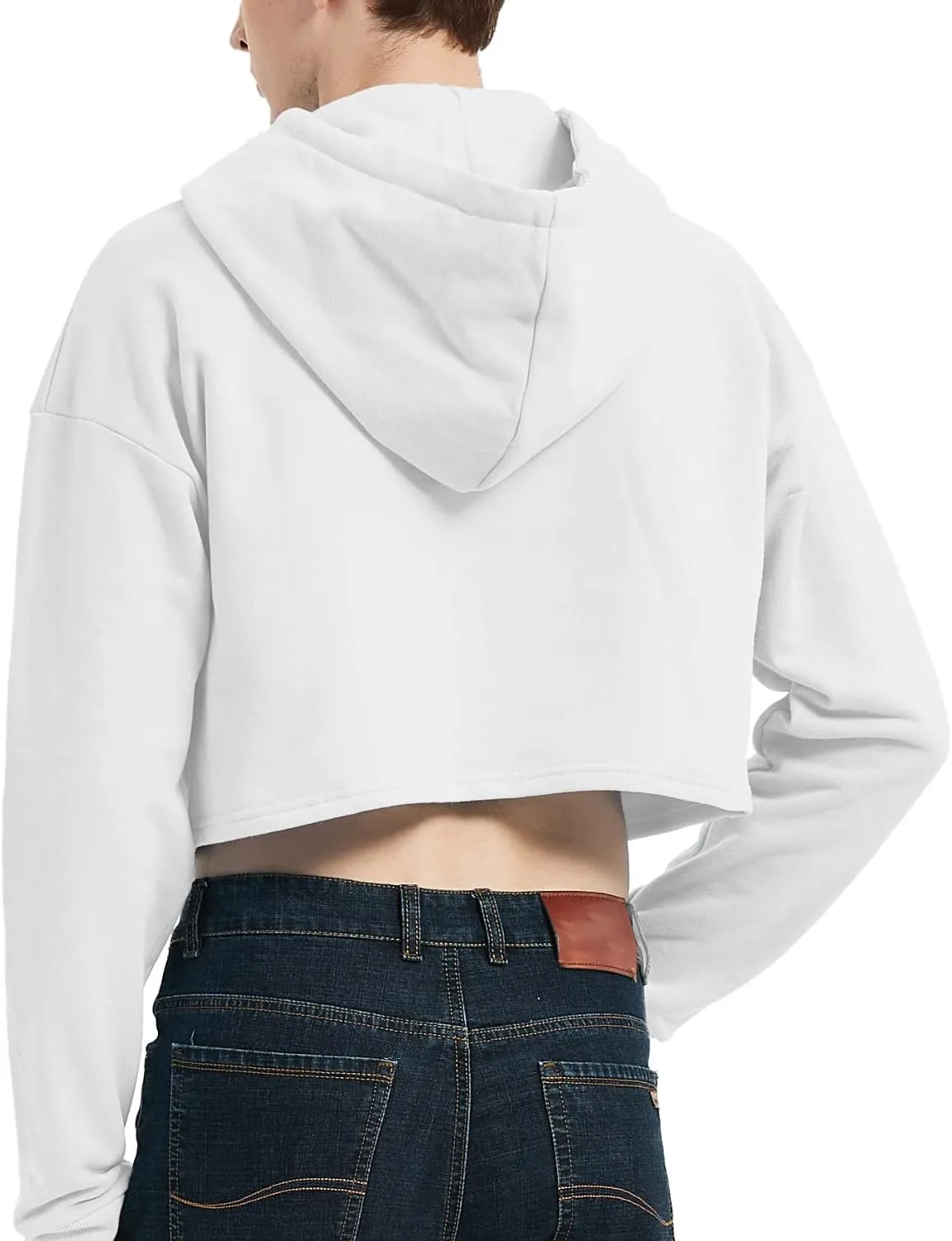 Men's Cropped Cut-Off Hoodie Solid Color Long Sleeves Drawstring Casual Sweatshirts Crop Tops