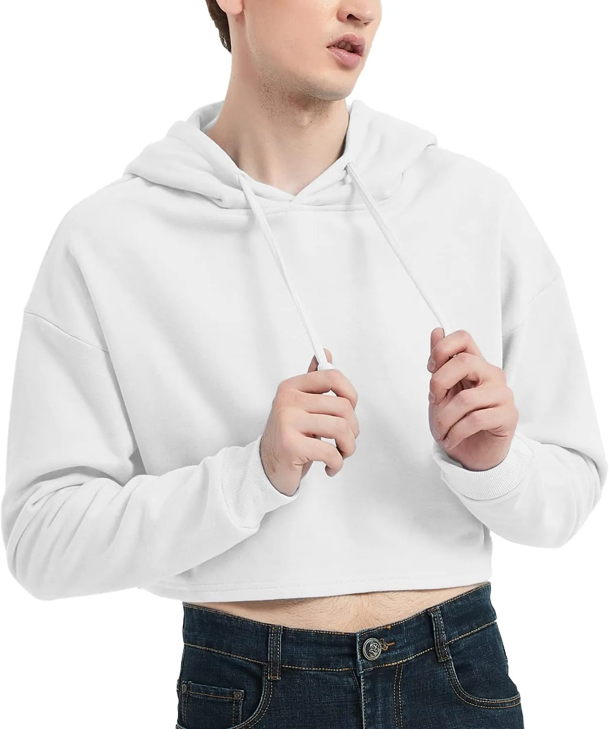 Men's Cropped Cut-Off Hoodie Solid Color Long Sleeves Drawstring Casual Sweatshirts Crop Tops