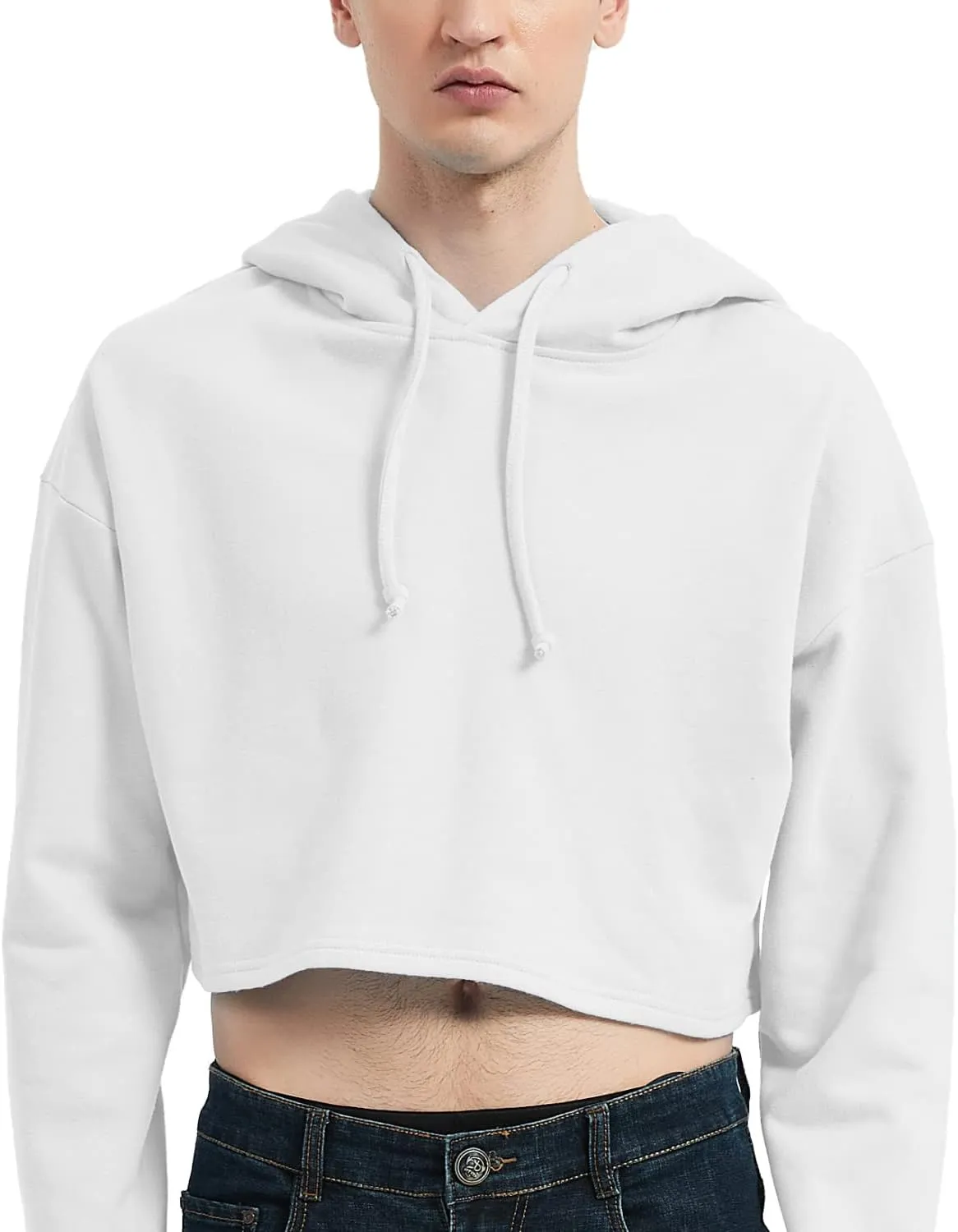 Men's Cropped Cut-Off Hoodie Solid Color Long Sleeves Drawstring Casual Sweatshirts Crop Tops