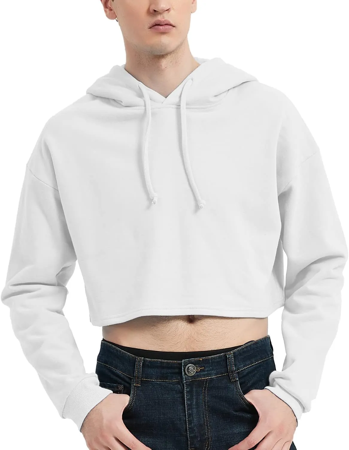 Men's Cropped Cut-Off Hoodie Solid Color Long Sleeves Drawstring Casual Sweatshirts Crop Tops