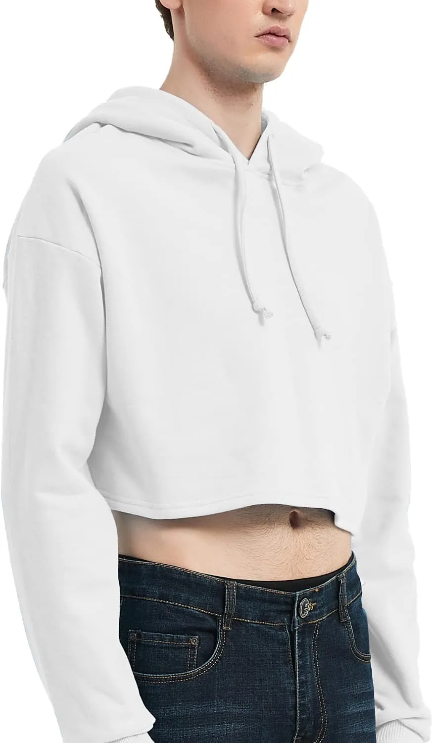 Men's Cropped Cut-Off Hoodie Solid Color Long Sleeves Drawstring Casual Sweatshirts Crop Tops