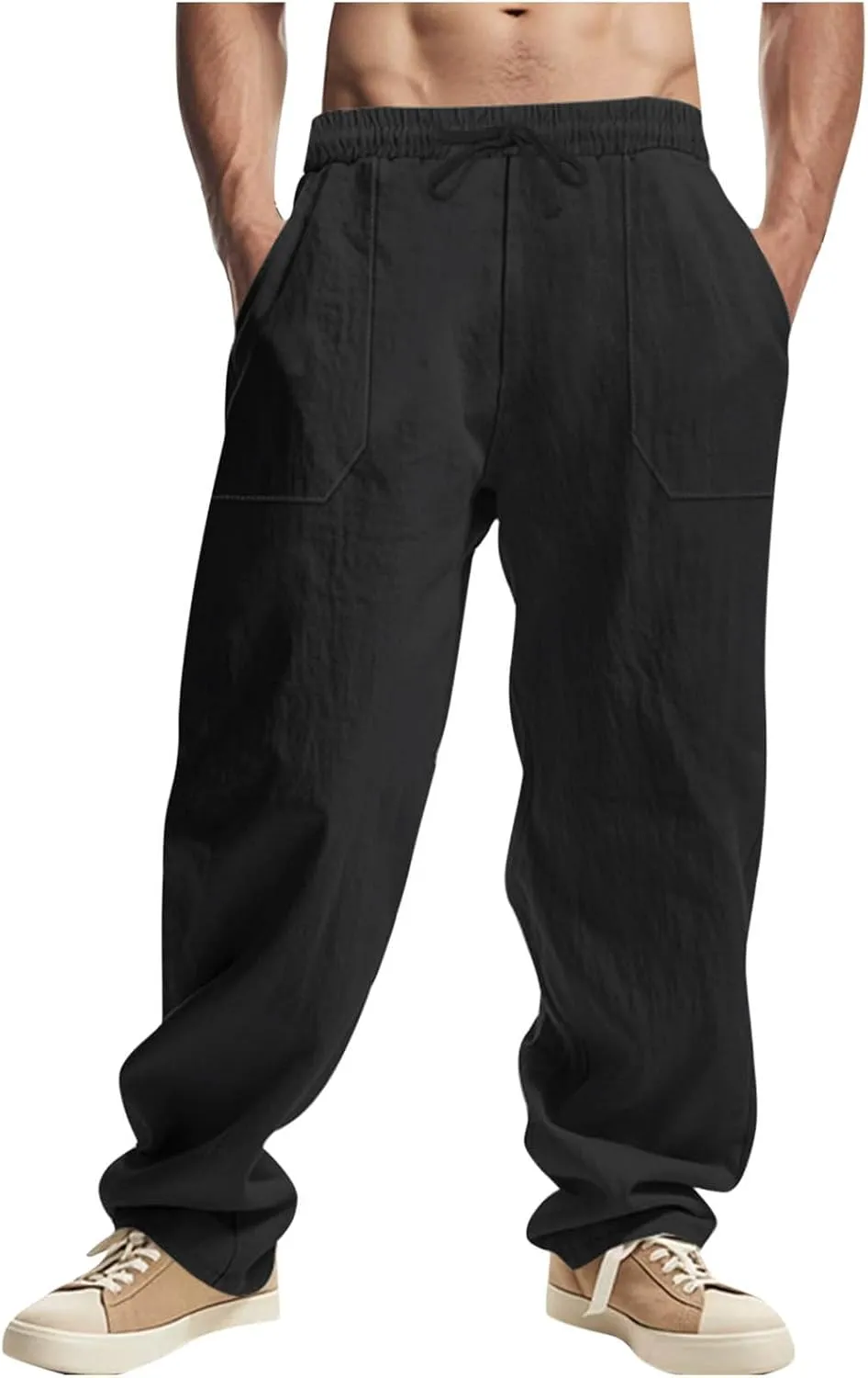 Men's Drawstring Linen Pants Casual Beach Loose Wide Leg Trousers Lightweight Comfort Fit Summer Clothes Fashion