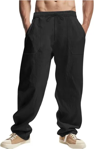 Men's Drawstring Linen Pants Casual Beach Loose Wide Leg Trousers Lightweight Comfort Fit Summer Clothes Fashion