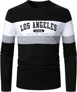 Men's Long Sleeve Graphic Tees Color Block Letter Print Tee Shirts Casual Vintage Tops Streetwear