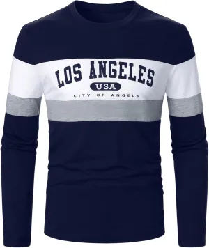 Men's Long Sleeve Graphic Tees Color Block Letter Print Tee Shirts Casual Vintage Tops Streetwear