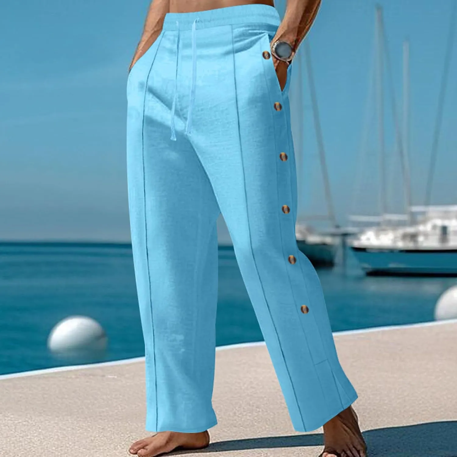 Mens Loose Fit Linen Pants Elastic Waist Drawstring Lightweight Summer Button Yoga Casual Trousers Straight Leg