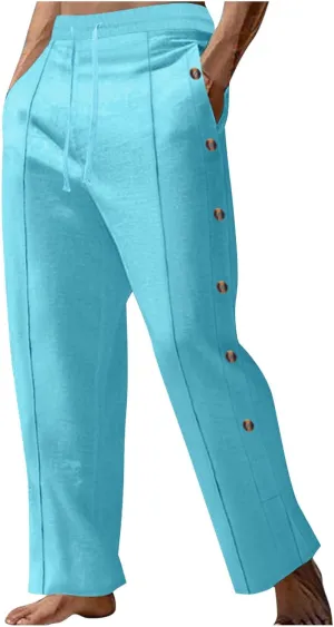 Mens Loose Fit Linen Pants Elastic Waist Drawstring Lightweight Summer Button Yoga Casual Trousers Straight Leg