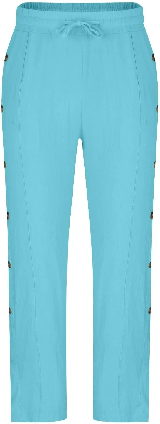 Mens Loose Fit Linen Pants Elastic Waist Drawstring Lightweight Summer Button Yoga Casual Trousers Straight Leg