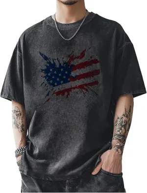 Men's Patriotic American Flag T-Shirts Cotton Short Sleeve Crewneck Graphic Oversized Loose Fit Shirt Top for Men
