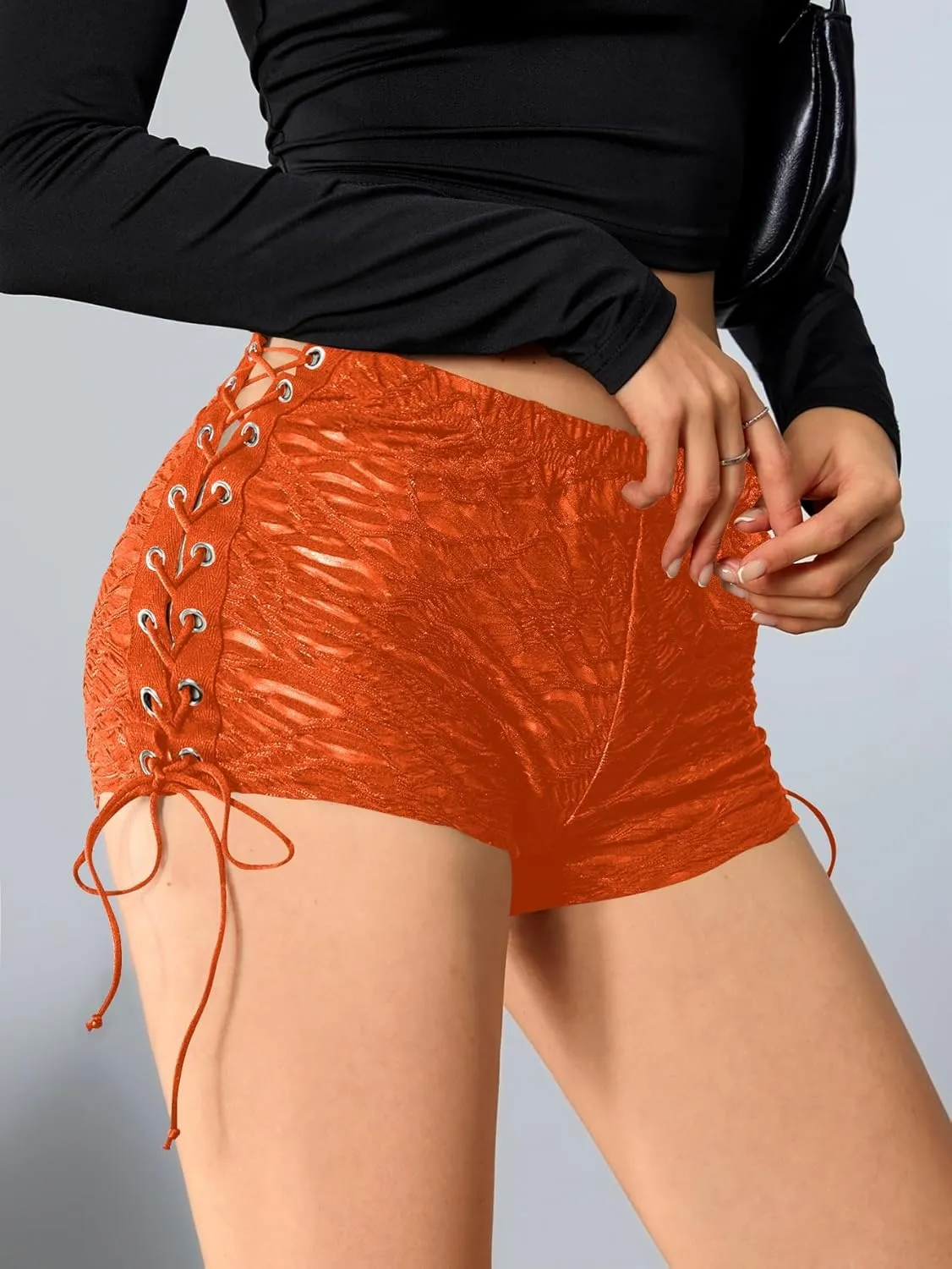 Milumia Women Lace Up Low Waisted Mini Shorts Tie Side Knot Rave Skinny Hot Shorts