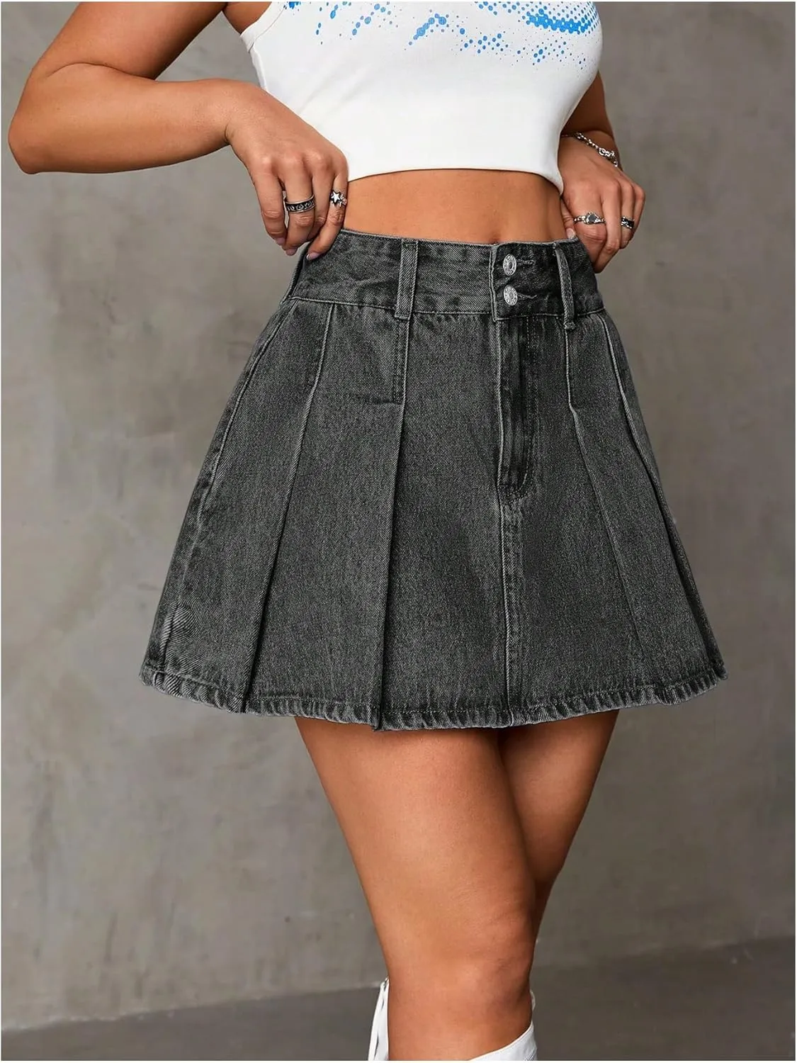 Milumia Women's Pleated Denim Skirt Trendy High Waisted Mini Jean Skater Skirts