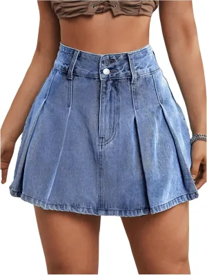 Milumia Women's Pleated Denim Skirt Trendy High Waisted Mini Jean Skater Skirts