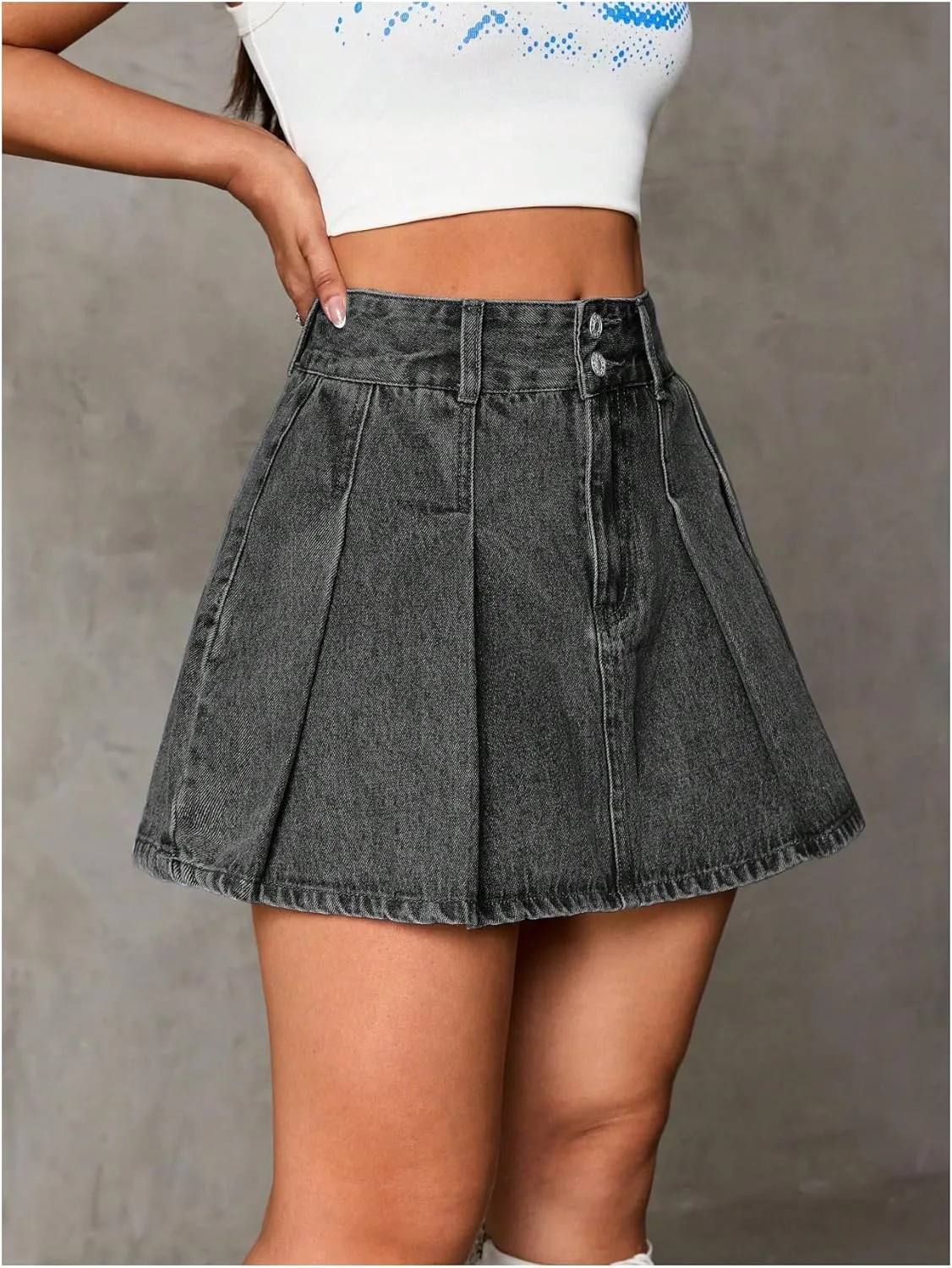 Milumia Women's Pleated Denim Skirt Trendy High Waisted Mini Jean Skater Skirts