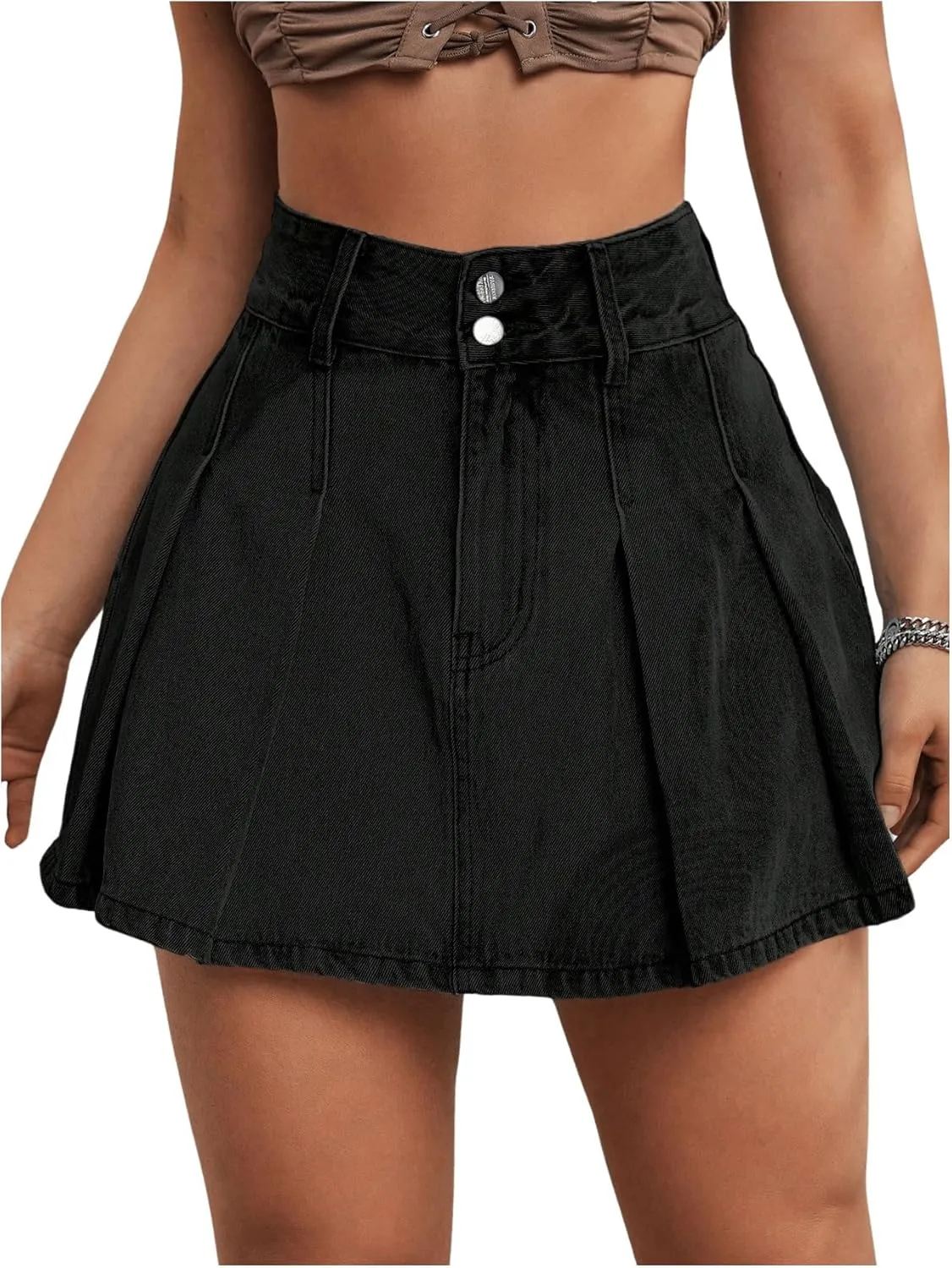 Milumia Women's Pleated Denim Skirt Trendy High Waisted Mini Jean Skater Skirts