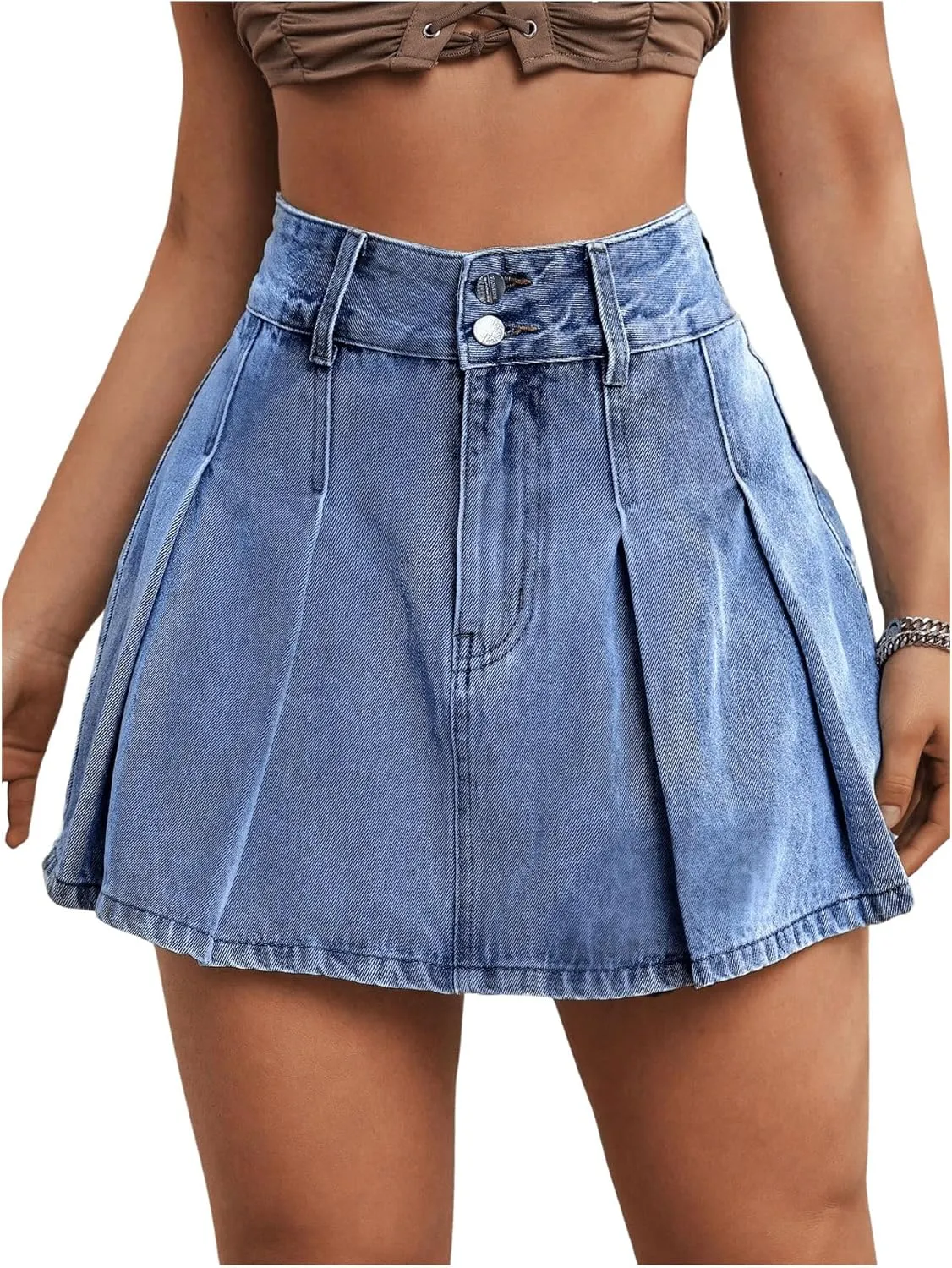 Milumia Women's Pleated Denim Skirt Trendy High Waisted Mini Jean Skater Skirts