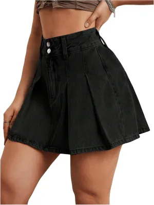 Milumia Women's Pleated Denim Skirt Trendy High Waisted Mini Jean Skater Skirts