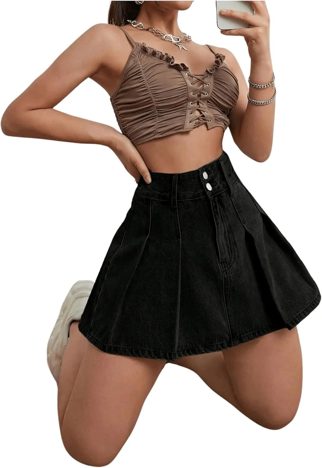 Milumia Women's Pleated Denim Skirt Trendy High Waisted Mini Jean Skater Skirts
