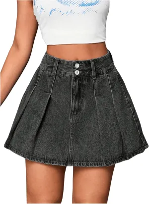 Milumia Women's Pleated Denim Skirt Trendy High Waisted Mini Jean Skater Skirts