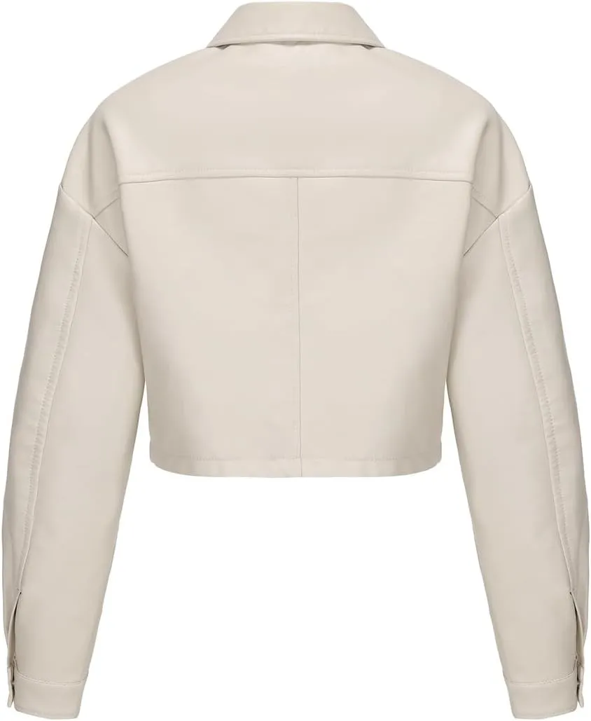 Molilove Women's Faux Leather Jacket Button Down Collar Pockets PU Crop Moto Biker Coat