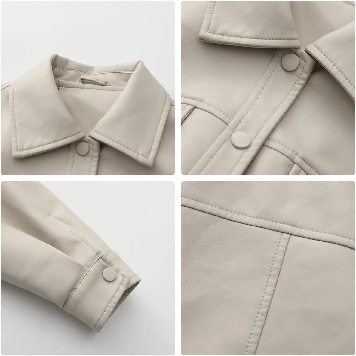 Molilove Women's Faux Leather Jacket Button Down Collar Pockets PU Crop Moto Biker Coat