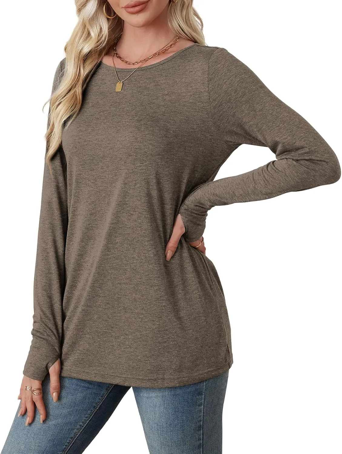 OFEEFAN Long Sleeve Shirts for Women Tunic Tops Thumb Hole Oversized Tshirts Fall Outfits