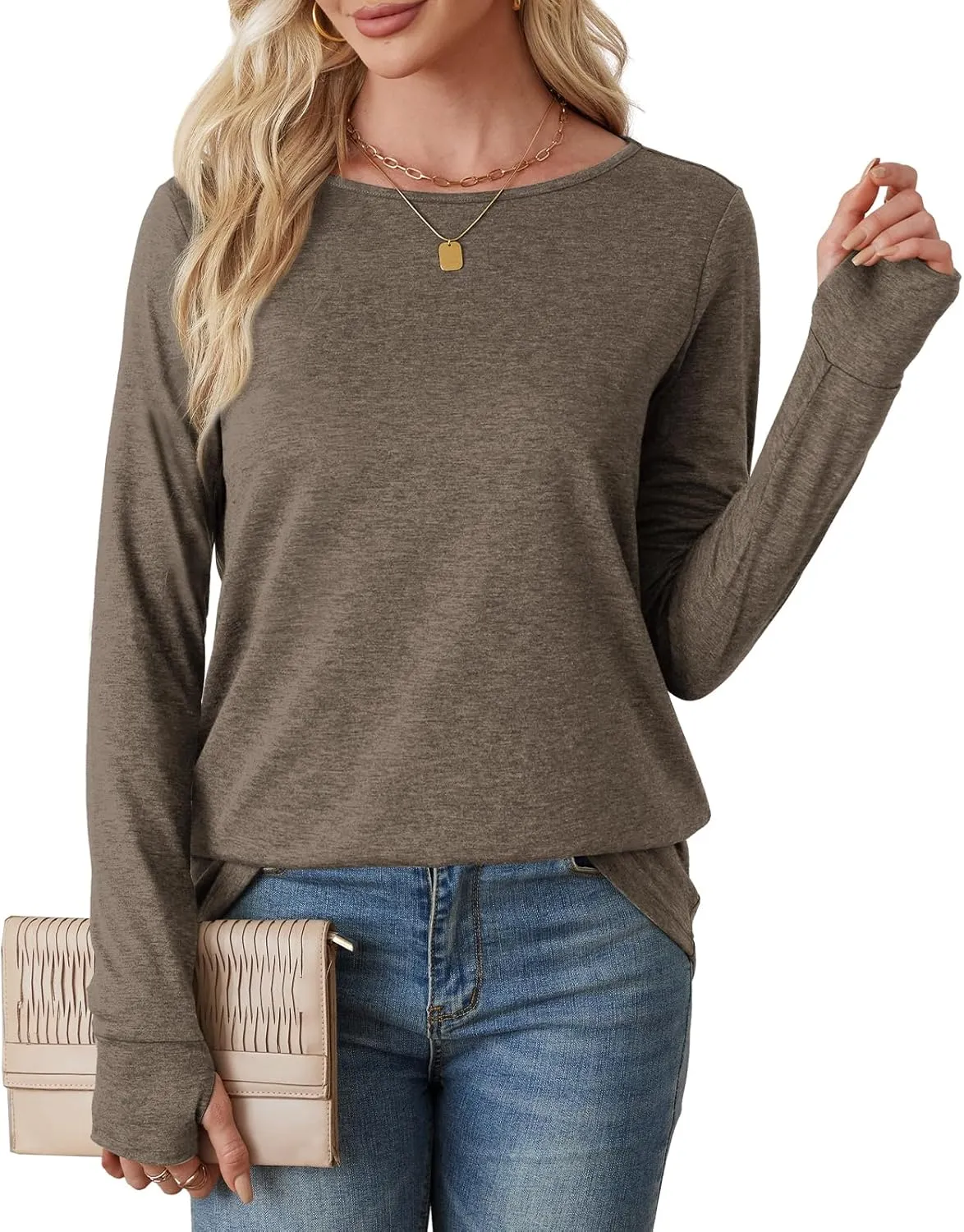 OFEEFAN Long Sleeve Shirts for Women Tunic Tops Thumb Hole Oversized Tshirts Fall Outfits
